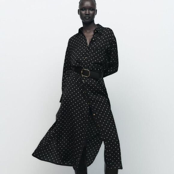 ZARA Dotted Midi Belted Dress - Picture 1 of 1